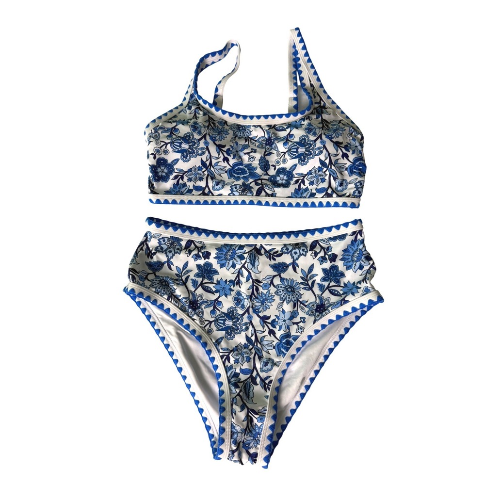 Blue White Floral Chintz Ric Rac High Waisted Bikini Swimsuit Size Smal New
